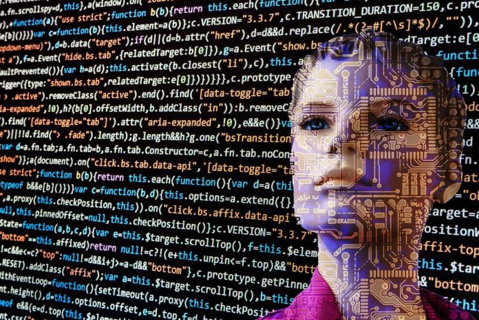 A robotic face examines unstructured text data for machine learning (ML) model training in artificial intelligence (AI).